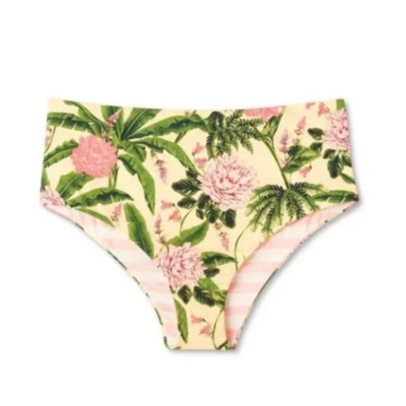 Agua Bendita Peony Botanical/Stripe Print Reversible High Waist Bikini Bottoms - Picture 1 of 4